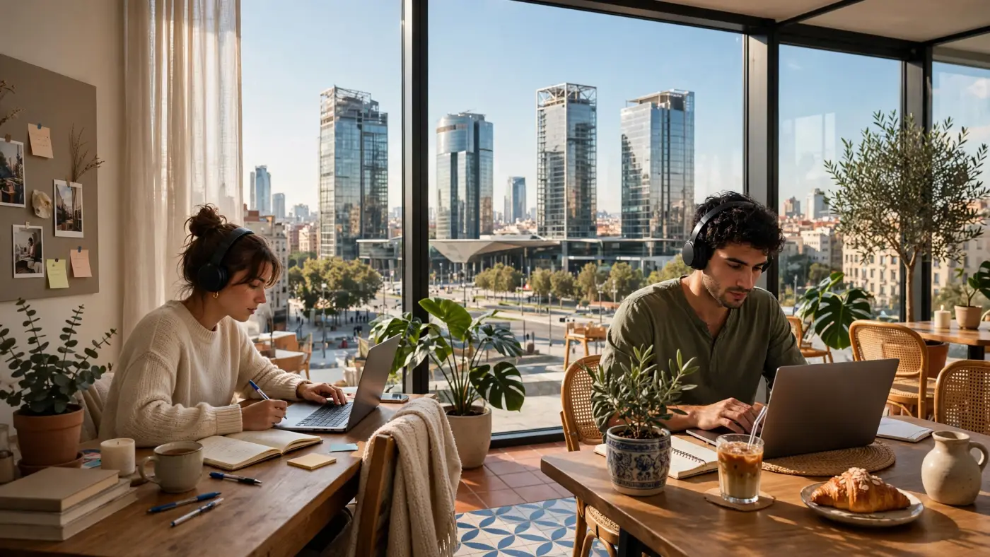 Centro financiero moderno en Madrid con torres de oficinas de cristal y acero