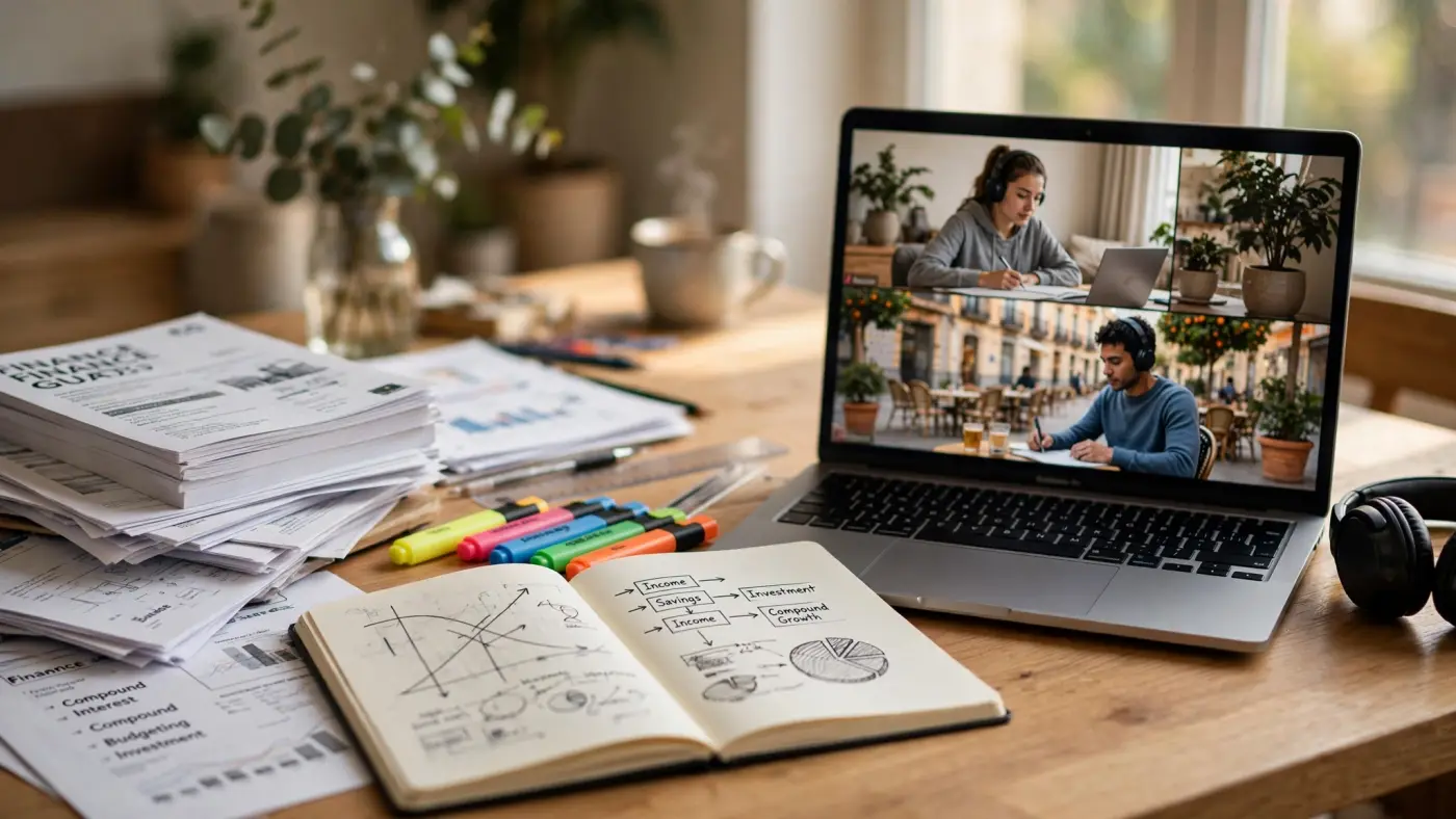 Materiales educativos de finanzas sobre un escritorio con guías, cuadernos y rotuladores