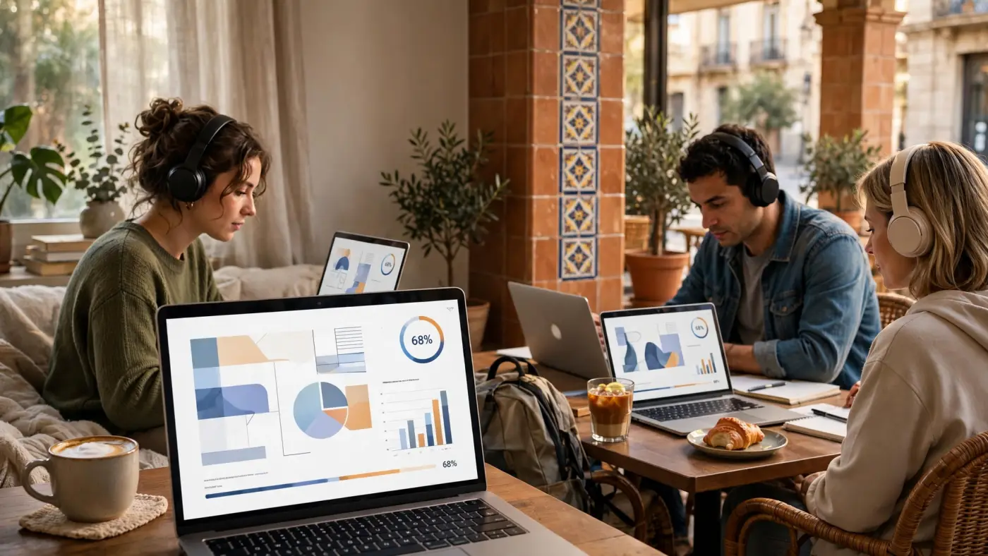 Curso financiero en línea en la pantalla de un portátil con diapositivas abstractas y barra de progreso