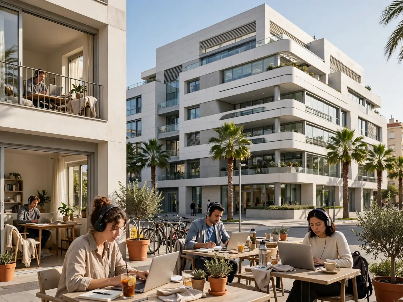 Edificio de oficinas moderno en Valencia con arquitectura contemporánea y palmeras